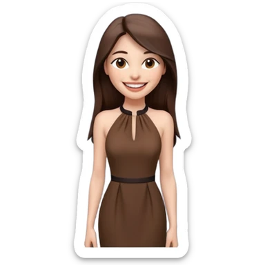 emoji-style illustration of a stylish pretty big smile woman with long straight brown hair, wearing a dark halter neck dress, elegant and minimalistic look, front-facing, soft 3D cartoon rendering, plain background sticker