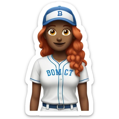 front facing, standing female coach with long red hair, wearing a white t-shirt and a simple blue baseball hat sticker