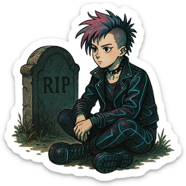  [[[a lonesome tombstone in a graveyard]]], , punk gothic style, futuristic cyberwave cyberpunk, sitting position
 sticker