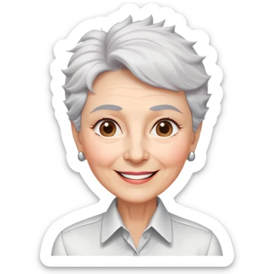 Senior version of Marian Pabón with defined facial structure, light pinkish skin showing age, almond eyes, arched eyebrows, charismatic wide smile, short spiky white-gray hair, more pronounced aging features, wearing a formal white buttoned shirt sticker