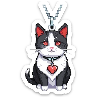 tuxedo cat with red leash and heart pendant, white fur only on mouth, small diamond spot above nose sticker