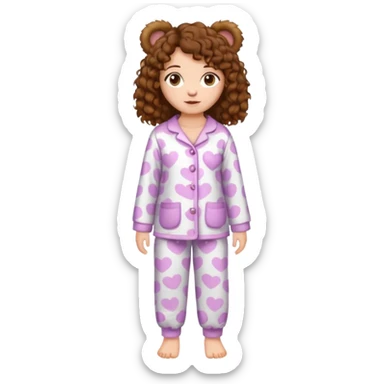 Grown up Woman with brown eyes, brown curly hair, white skin, full body in cute pijama bear sticker