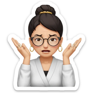  middle aged woman with dark hair pulled up in a high bun, wearing round ring earrings and glasses, expression extreme pain on her face, covering her ears with her hands very painful expression on her face, eyes squeezed shut, wincing in pain covering her ears with her hands sticker