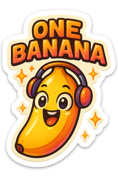 Funny cartoon banana, big happy smiling face, wearing tiny headphones, wide excited eyes, tiny sparkles around, text above: "NE BANANA", chibi style, Twitch emoji style, colorful, transparent background sticker