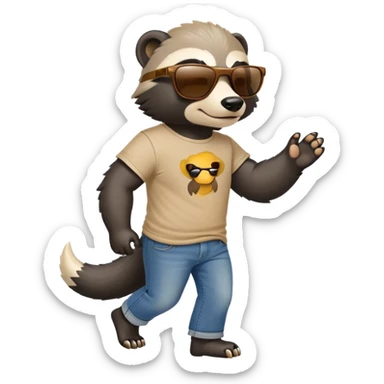 friendly anthropomorphised honey badger in jeans and a t-shirt, wearing sunglasses, walking upright, relaxed pose sticker