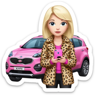 a blondie queen Arina in a leopard fur and pink iPhone 16 on her kia Sportage white car. blue eyes sticker