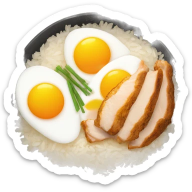 a bowl of rice with two eggs and chicken thigh front view sticker