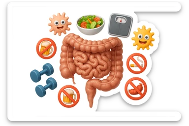 intestino umano anatomico realistico al centro, intorno al quale ruotano emoji stile iphone di: due batteri intestinali felici, una bowl di insalata, una bilancia pesapersone, manubri da palestra, e un boccale di birra con divieto 3d sopra, una sigaretta con divieto 3d sopra e un wurstel con divieto 3d sopra, fluttuano in aria, iperrealistico 4k sticker