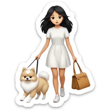 A girl with long black hair walks a white Pomeranian sticker
