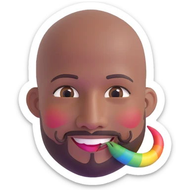 Oxumarê as a smiling 37-year-old bald man with very dark skin (2 shades darker), smooth oval head, indigenous facial features, mustache with circular beard only on chin (no hair on sides), a round mole on the right side below the lip, and a rainbow serpent wrapped around him, Memoji style sticker