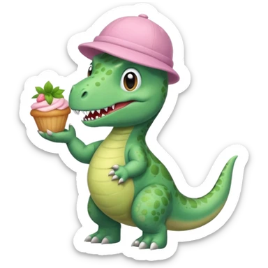 quiero un dinosaurio divertido con delantal y gorro de pastelero y en la mano un pastel sticker