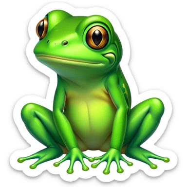 Cinematic Noble Green Tree Frog Portrait Emoji, Poised and alert, with a compact, vibrant body clad in bright, glossy green skin accented by delicate, sticky toe pads and large, bulging, observant eyes, Simplified yet sharp and sophisticated features, highly detailed, glowing with a soft, verdant luminescence, high shine, intelligent and sprightly, stylized with an air of tropical elegance, focused and attentive, soft glowing outline, capturing the essence of a watchful and confident amphibian that appears ready to leap out of the screen with effortless agility! sticker