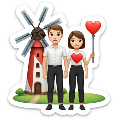 a white man with brown hair and a white shirt and black pants standing next to a windmill with a heart  sticker