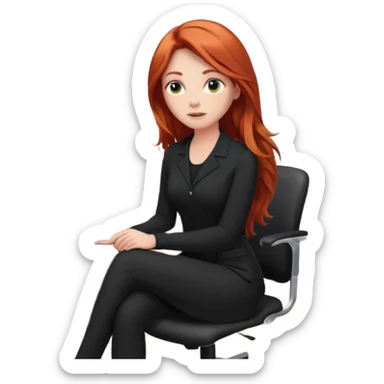 Video call therapy session: red-haired therapist with long hair wearing black minimalist clothing, seated in a professional home office, looking at the webcam; calm, modern teletherapy setting sticker