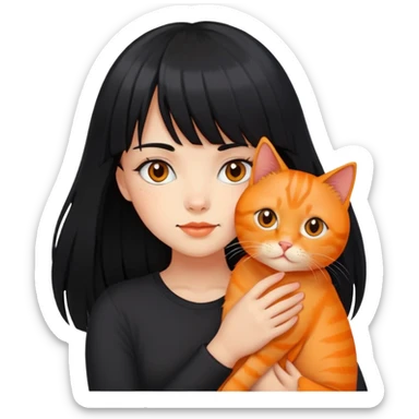 A girl with long black hair and bangs is holding a orange cat sticker