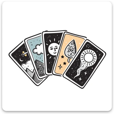 Mystical tarot cards arranged in a fan or spread pattern with celestial and mystical symbols. Using specific pastel colors (dd9fb0, ffc6d3, a3bfc9, c4bee2, f1b091). Hand-drawn doodle style with intricate details of cards showing symbols like sun, moon, stars. Transparent background. sticker