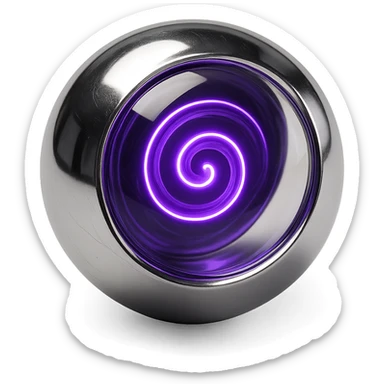translucent chrome sphere with a glowing purple spiral suspended inside, highly reflective and futuristic sticker
