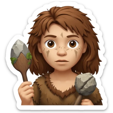 cartoon Neanderthal woman with messy hair and a stone tool sticker