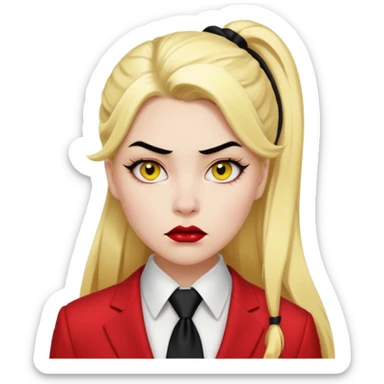 Woman with porcelain white skin, black lips, thick blonde hair that's in a thick long ponytail, a black nose, yellow scleras, red pupils, and a red suit with a black tie. Demon sticker