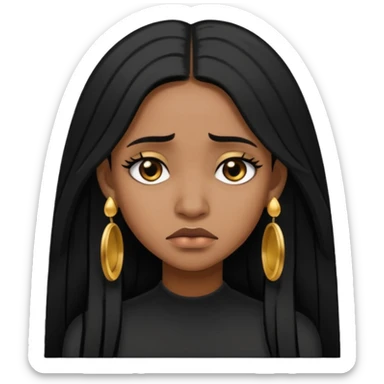 medium brown skin tone girl who has long layered black hair with gold stud earrings  who is sad  sticker