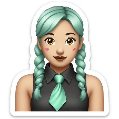 
An Asian girl with long mint colored pigtails wearing a sleeveless silver shirt, a mint colored tie, and a black flared arm sleeve with a red 01 tattoo on her left arm has a pink square with a black border running through each pigtail sticker