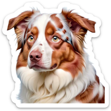 Cinematic Grumpy Predominantly White Red Merle Australian Shepherd Portrait Emoji, Head tilted slightly with a deeply unimpressed expression, thick predominantly white fur with bold red merle markings, large, droopy blue eyes narrowed into an unamused glare, ears slightly drooping in exasperation, Simplified yet comically expressive features, highly detailed, glowing with a dry, sarcastic glow, high shine, effortlessly judgmental yet dignified, stylized with a touch of cynicism, bright but brooding, soft glowing outline, capturing the essence of an eternally unimpressed yet endearing pup, so lifelike it feels like it could sigh heavily at you in disdain at any moment! sticker