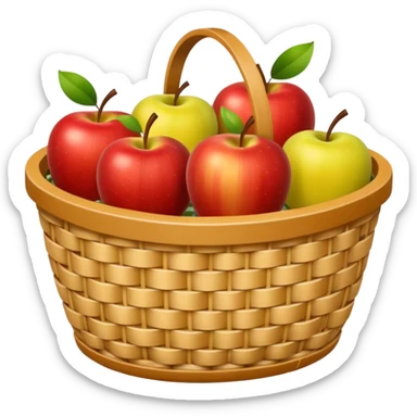 woven basket with apples and white checkered cloth, yellow sticker