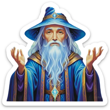 A luminescent enchanting Wizard stands beside an alter, his ethereal presence shimmering with otherworldly energy, each detail radiating with mystical power and ancient wisdom. The painting, a masterpiece of acrylic art, captures the Wizards hauntingly beautiful visage in exquisite detail. Swirls of cosmic colors dance around him, evoking a sense of celestial wonder, while intricate patterns of glowing runes adorn his intricate robe. The image is vivid and captivating, drawing viewers into a mesmerizing realm of fantasy and magic. sticker