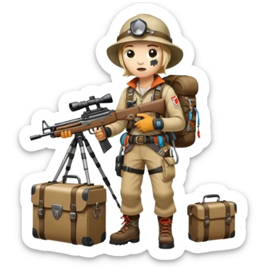 Yodeling mountain climber in Switzerland with a machine gun pointing to the right, full body, in the style of your bleeding skull art sticker