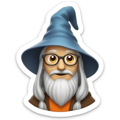 portrait of a wise wizard smiling, Merlin style, with an orange hat sticker