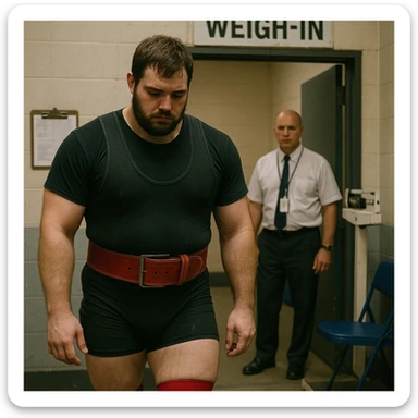 realistic powerlifter in competition clothing, leaving weigh-in room with slow steps, downcast look, official in background, atmosphere of exclusion, detailed, weigh-in area background sticker
