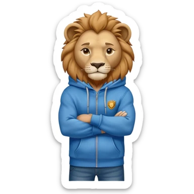 determined anthropomorphised lion in a hoodie and jeans with arms folded, confident stance sticker