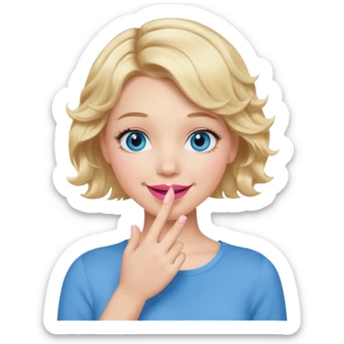 Girl Blonde short wavy hair,  blue eyes, cute blue top, long lashes, pink lips, smiling, hand covering the mouth sticker