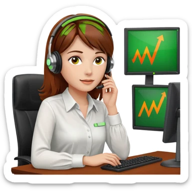 a woman, brown hair, middle european, sitting in the office in front of a computer, wearing a blouse and a headset. she is controling the limits on screen. green = ok, orange = am Limit, rot = überschritten sticker