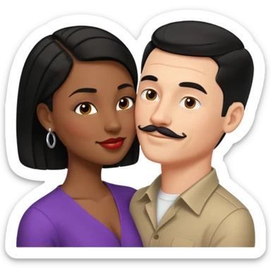 white man, black hair, slicked back, mustache kissing black woman with short black hair emoji sticker