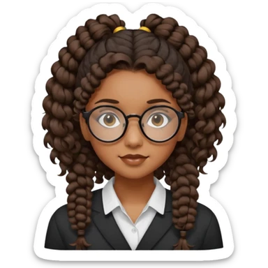 chica morena de ojos claros con gafas negras exagonales redondeadas. y pelo rizado castaño con todo el pelo recogido en una coleta .. Con todo el pelo recogido un clen look solamente una coleta tiene 16 años sticker