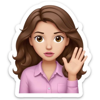 girl with wavy long brown hair, brown eyes, light to medium complexion, long lashes, light pink lipstick, wearing light pink shirt, shrugging sticker