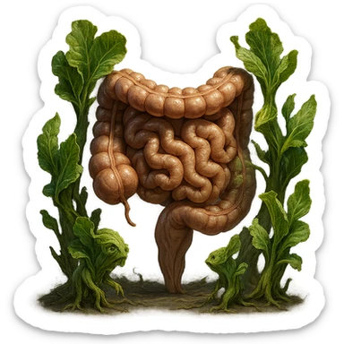 Ultra-realistic 4K illustration: stylized lettuce leaves depicted as plant-like creatures interacting with a human anatomical model of the intestine. The scene is surreal and scientific, with organic textures, refined biological details, dramatic lighting, and a bio-fantasy photorealistic style sticker