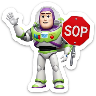 Buzz Lightyear character with a red stop sign above him sticker