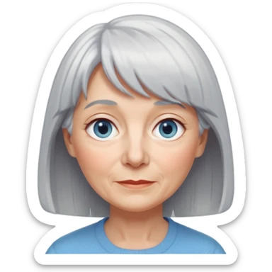 older woman with kind expression, light gray hair with straight bangs and short to medium length hair, large light blue eyes, fair skin with soft age lines, Apple Memoji style, flat colors, soft edges, expressive but not caricature, clean and friendly sticker