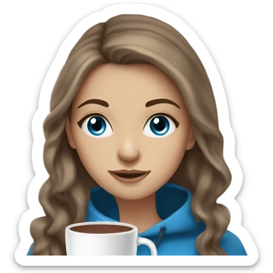 white girl with blue eyes brown long hair and a hot chocolate sticker