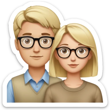 Tall blonde, pretty hair girl with short brown hair man with glasses sticker