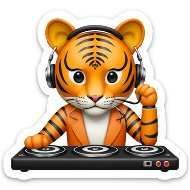 Un tigre enfadado con una mesa de dj . Lo quiero más profesional con unos audífonos y cara de astuto  sticker