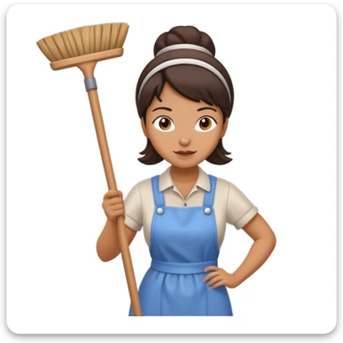 evil cleaning lady, mischievous expression, holding a broom, simple background sticker