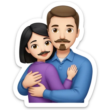 Tall white man with short brown hair mustache and goatee, hugging small pale woman long with black hair sticker