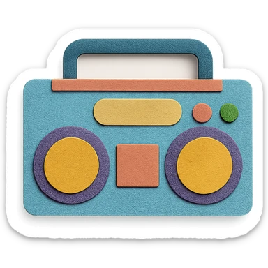 modern boombox with simple shapes and playful colors, paper-craft style sticker