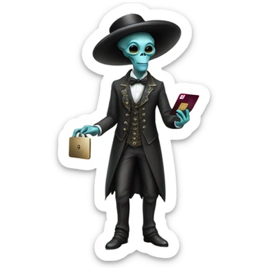 alien galora in Victorian dress elegant, full body, holding big credit card sticker