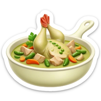 Cinematic Realistic Green Chicken Curry Dish Emoji, depicted with tender chicken simmered in a fragrant green curry sauce with vegetables rendered with rich textures and dynamic, vibrant lighting. sticker