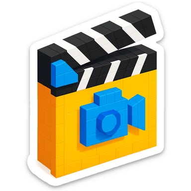 voxel style movie clapperboard with a camera icon, isometric view sticker