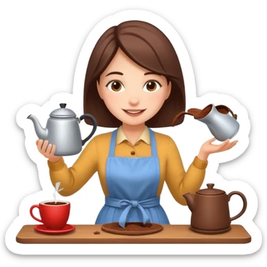 A cheerful woman wearing a winter apron, pouring cocoa from a kettle into tiny cups.
 sticker